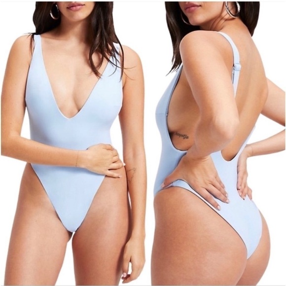 Good American Light Sky Blue Plunge V-Neck One Piece Swimsuit Size 6 XXXL 3X - Picture 1 of 6